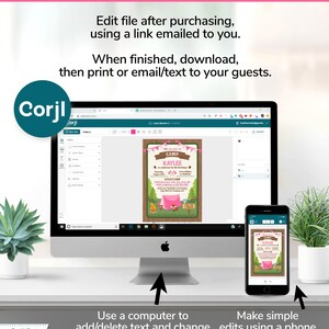 K&ouml;nnte beinhalten: Ein Computerbildschirm zeigt eine Website mit einer pinkfarbenen und gr&uuml;nen Einladung zum Thema Camping. Die Einladung lautet "Camp Kaylee" und zeigt ein Bild eines Zeltes, eines Lagerfeuers und eines rosa Schlafsacks. Der Text unter dem Bild lautet "Verwenden Sie einen Computer, um Text hinzuzuf&uuml;gen/zu l&ouml;schen und die Textfarbe/Gr&ouml;&szlig;e/den Stil zu &auml;ndern." Ein Telefonbildschirm wird ebenfalls mit der gleichen Einladung angezeigt. Der Text unter dem Telefonbildschirm lautet "Einfache &Auml;nderungen mit einem Telefon vornehmen."
