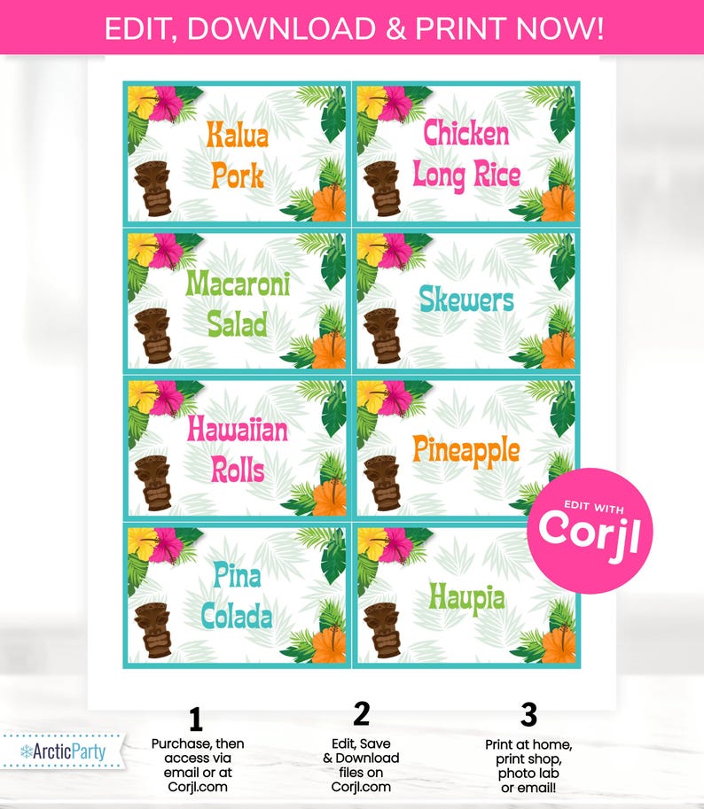 Peut inclure: Etiquettes alimentaires imprimables sur le th&egrave;me tropical. Les &eacute;tiquettes pr&eacute;sentent une ic&ocirc;ne de t&ecirc;te tiki et du texte qui dit "Kalua Pork", "Chicken Long Rice", "Macaroni Salad", "Skewers", "Hawaiian Rolls", "Pineapple", "Pina Colada", et "Haupia".