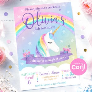 May include: A rectangular birthday invitation card featuring a white unicorn with a rainbow mane and gold horn, set against a pastel rainbow and star background. The text reads: Please join us to celebrate Olivia's 6th birthday! Join us for a magical time!