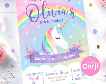 May include: A rectangular birthday invitation card featuring a white unicorn with a rainbow mane and gold horn, set against a pastel rainbow and star background. The text reads: Please join us to celebrate Olivia's 6th birthday! Join us for a magical time!