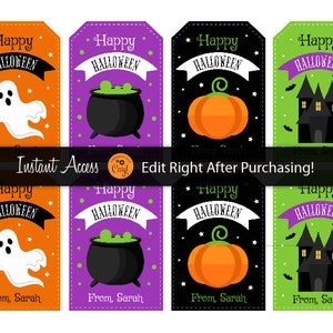May include: Set of eight Halloween-themed gift tags. Each tag features a different design: a ghost, a cauldron, a pumpkin, and a haunted house. The tags are in orange, purple, black, and green with the words "Happy Halloween".