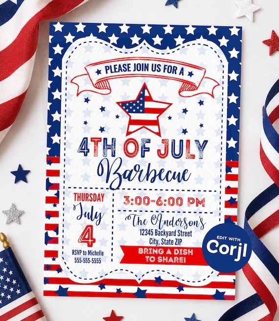 4th of July Barbecue Invitation – Editable Corjl Template (Digital or Printed)