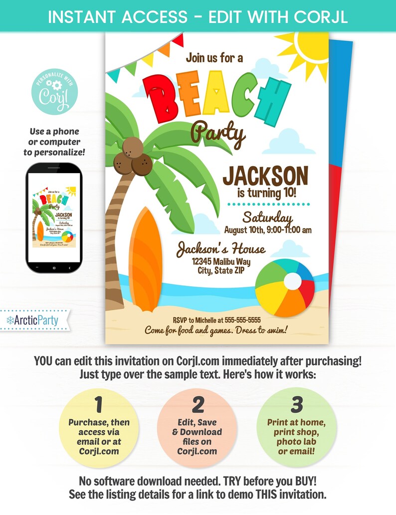 Beach Party Invitations Beach Theme Party Beach Birthday Etsy