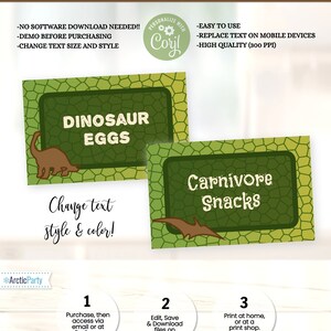 May include: Two printable food labels with a dinosaur theme. The labels are green with a dinosaur silhouette and text that reads "Dinosaur Eggs" and "Carnivore Snacks".