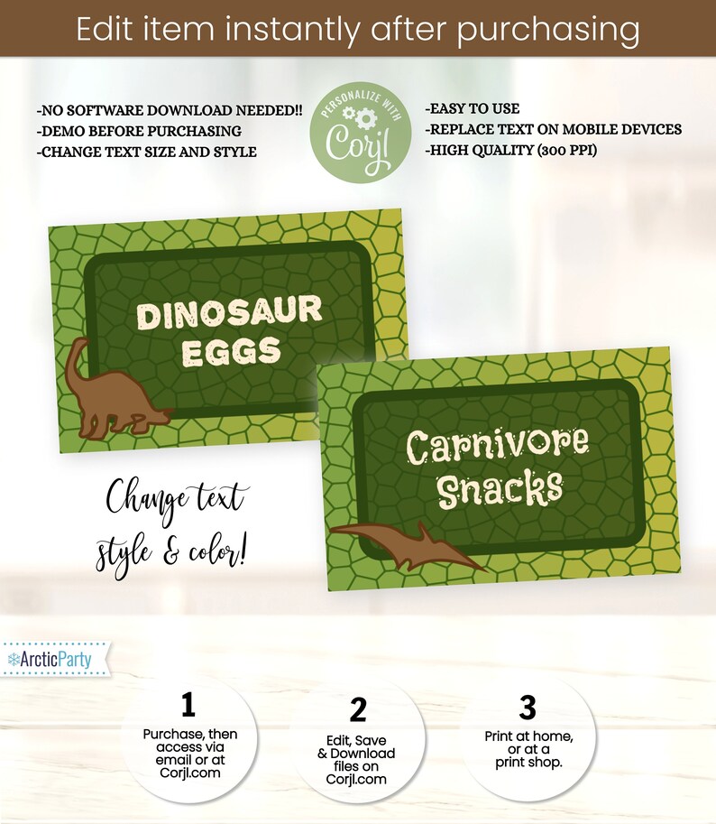 May include: Two printable food labels with a dinosaur theme. The labels are green with a dinosaur silhouette and text that reads "Dinosaur Eggs" and "Carnivore Snacks".