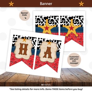 Op de afbeelding: Een printbare cowboy-themabanner met de letters "H" en "A" in een rustiek houten frame. De banner heeft een rood-wit bandana-patroon, een blauwe denim-achtergrond en een gele ster met een rood centrum.