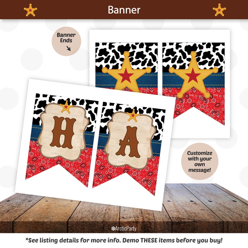 Op de afbeelding: Een printbare cowboy-themabanner met de letters "H" en "A" in een rustiek houten frame. De banner heeft een rood-wit bandana-patroon, een blauwe denim-achtergrond en een gele ster met een rood centrum.