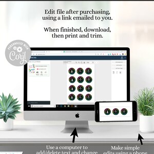 May include: A computer screen and a mobile phone display a digital design template for printable round stickers. The stickers feature a colorful design with a number 8 and the word "Cheers". The text on the screen says "Use a computer or mobile device to edit!" and "Edit file after purchasing, using a link emailed to you. When finished, download, then print and trim."
