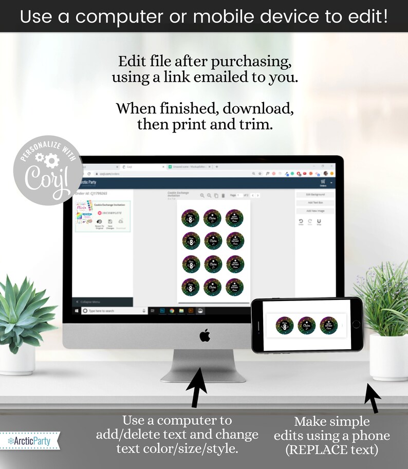 May include: A computer screen and a mobile phone display a digital design template for printable round stickers. The stickers feature a colorful design with a number 8 and the word "Cheers". The text on the screen says "Use a computer or mobile device to edit!" and "Edit file after purchasing, using a link emailed to you. When finished, download, then print and trim."