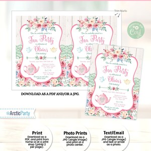 Pu&ograve; includere: Invito a un tea party con illustrazioni floreali e di teiere. L'invito presenta il testo "Tea Party" e i dettagli per il 30&deg; compleanno di Olivia. Sono incluse le opzioni per stampare, scaricare come PDF o JPG e inviare tramite testo o e-mail.