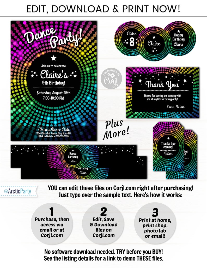May include: A digital printable party invitation with a rainbow disco ball design. The invitation says "Dance Party!" and includes the text "Join us to celebrate Claire's 9th Birthday!"  The invitation also includes the date and time of the party. The invitation is customizable with Corjl.com.