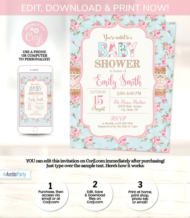 Puede incluir: Invitaci&oacute;n a un baby shower con un dise&ntilde;o floral. La invitaci&oacute;n presenta un fondo azul claro con rosas rosas y un marco decorativo. El texto dice "Baby Shower" e incluye detalles como la fecha, la hora y la informaci&oacute;n de RSVP. Un tel&eacute;fono muestra la invitaci&oacute;n.