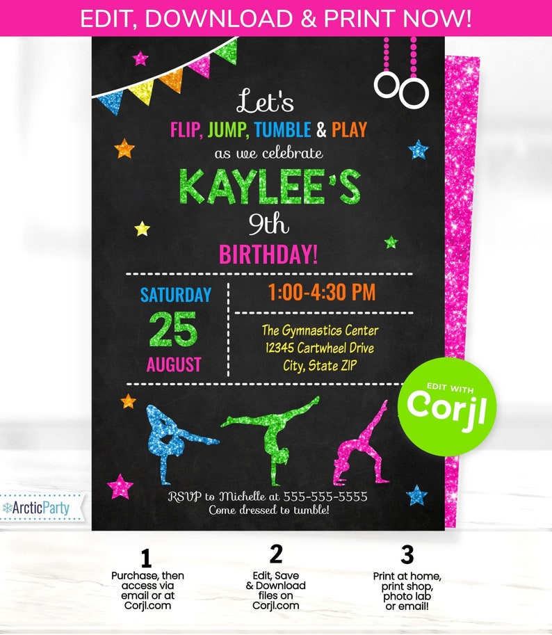 Peut inclure: Une invitation color&eacute;e pour une f&ecirc;te d'anniversaire de 9 ans dans un centre de gymnastique. L'invitation pr&eacute;sente un fond de tableau noir avec une bordure rose scintillante. Le texte "Let's Flip, Jump, Tumble & Play" est &eacute;crit en couleurs vives. L'invitation comprend la date, l'heure et le lieu de la f&ecirc;te. Le texte "RSVP to Michelle at 555-555-5555" est inclus. L'invitation comprend &eacute;galement le texte "Come dressed to tumble!"