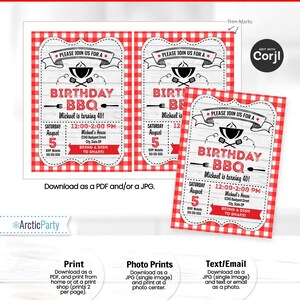 May include: A red and white checkered background with a white woodgrain overlay. The text "Birthday BBQ" is in black with a red star on each side. The text "Michael is turning 40!" is below the main text. The text "Saturday August 5 12:00-2:00 PM" is below the birthday text. The text "Mickael's House 12345 Backyard Street City, State ZIP" is below the date and time. The text "Bring a dish to share!" is below the address. The text "Please join us for a" is above the main text. There is a black and white illustration of a grill with a spatula and tongs to the left of the main text.