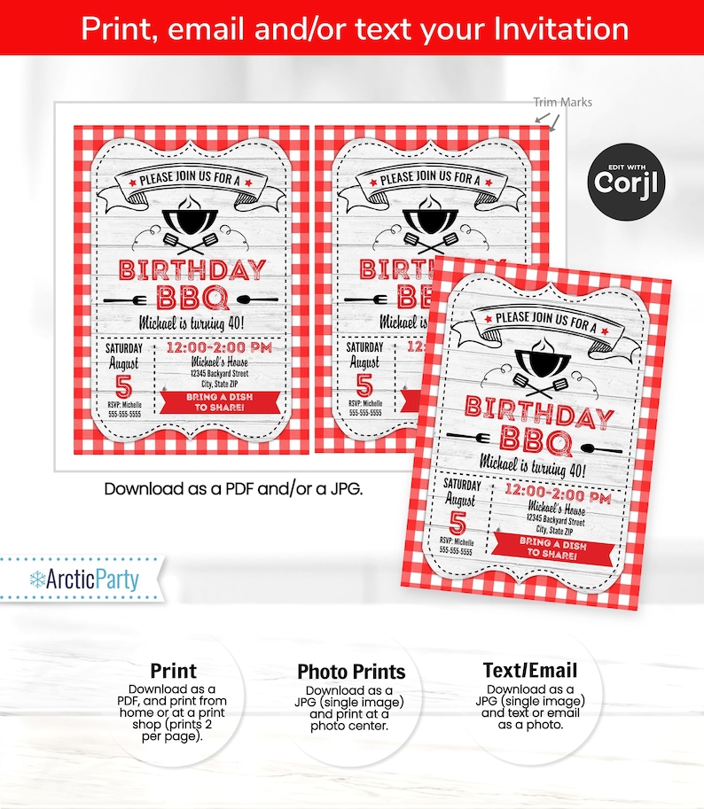May include: A red and white checkered background with a white woodgrain overlay. The text "Birthday BBQ" is in black with a red star on each side. The text "Michael is turning 40!" is below the main text. The text "Saturday August 5 12:00-2:00 PM" is below the birthday text. The text "Mickael's House 12345 Backyard Street City, State ZIP" is below the date and time. The text "Bring a dish to share!" is below the address. The text "Please join us for a" is above the main text. There is a black and white illustration of a grill with a spatula and tongs to the left of the main text.