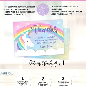 Puede incluir: Tarjeta de agradecimiento imprimible con un unicornio, un arco&iacute;ris y estrellas. La tarjeta dice "&iexcl;Muchas gracias por hacer mi fiesta m&aacute;gica! Gracias por tu regalo. Con cari&ntilde;o, Sarah".