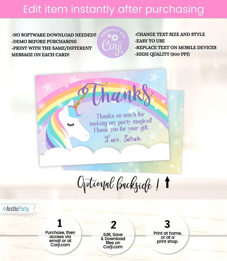 Puede incluir: Tarjeta de agradecimiento imprimible con un unicornio, un arco&iacute;ris y estrellas. La tarjeta dice "&iexcl;Muchas gracias por hacer mi fiesta m&aacute;gica! Gracias por tu regalo. Con cari&ntilde;o, Sarah".