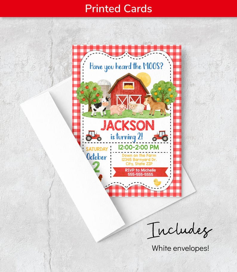 May include: A rectangular invitation card with a red and white gingham border featuring a red barn, farm animals, and two tractors. The text reads: Have you heard the MOOS? JACKSON is turning 2! Saturday October 2, 12:00-2:00 PM, Down on the Farm.