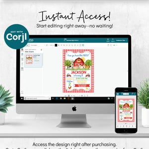 May include: A computer monitor and a mobile device displaying a farm-themed birthday invitation template with a red barn, farm animals, and the text Have you heard the MOOS? Jackson is turning 2! The design features a red and white checkered border.