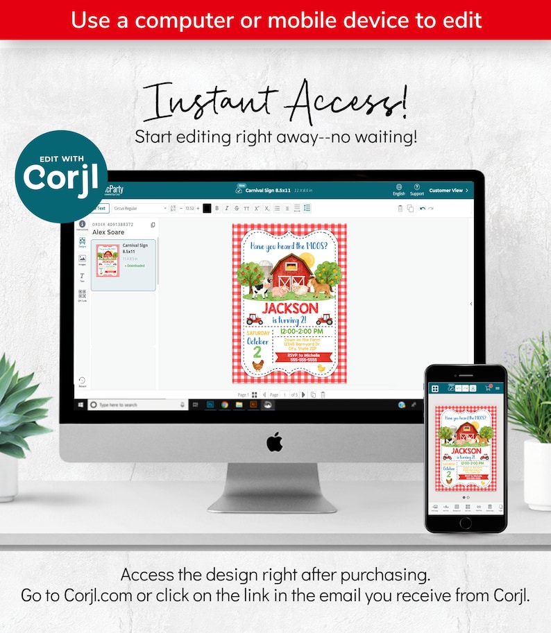 May include: A computer monitor and a mobile device displaying a farm-themed birthday invitation template with a red barn, farm animals, and the text Have you heard the MOOS? Jackson is turning 2! The design features a red and white checkered border.