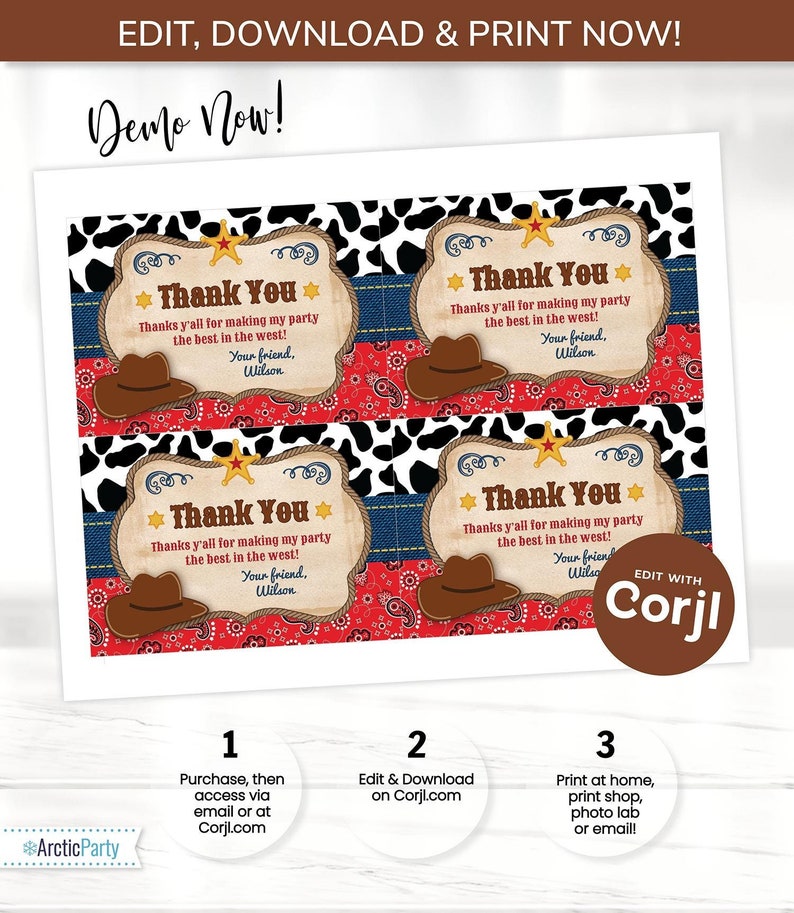 May include: Four printable thank you tags with a cowboy theme. Each tag features a red and white bandana pattern, a brown cowboy hat, and a star. The text on the tags reads "Thank You" and "Thanks y'all for making my party the best in the west!"
