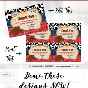 May include: Four printable thank you cards with a cowboy theme. The cards feature a red and white bandana pattern, a blue denim background, and a black and white cow print. The text on the cards reads "Thank You" and includes a message thanking guests for making the party the best in the west. The cards are designed to be printed and used as thank you notes for a western-themed party.