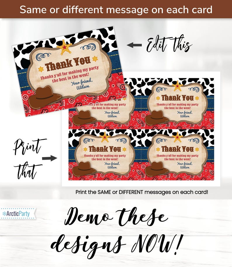 May include: Four printable thank you cards with a cowboy theme. The cards feature a red and white bandana pattern, a blue denim background, and a black and white cow print. The text on the cards reads "Thank You" and includes a message thanking guests for making the party the best in the west. The cards are designed to be printed and used as thank you notes for a western-themed party.