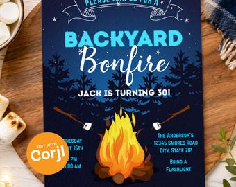 Bonfire Birthday Invitation – Backyard Camping Party (Digital or Printed)
