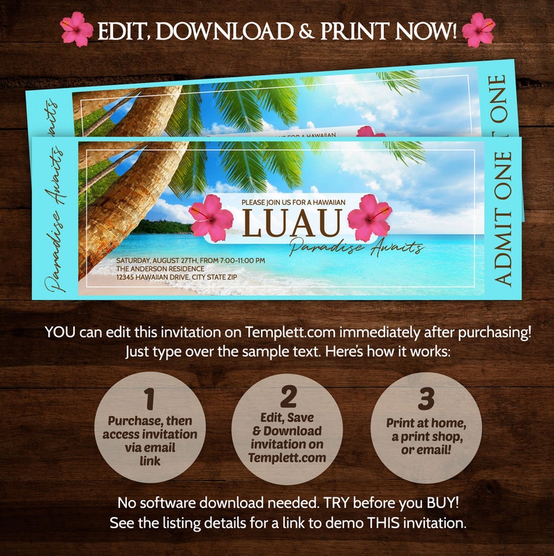 May include: A blue and white ticket invitation for a Hawaiian Luau party. The ticket has a tropical beach scene with palm trees and ocean waves. The text on the ticket reads "Please join us for a Hawaiian Luau Paradise Awaits".