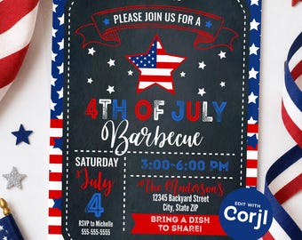 May include: A rectangular 4th of July barbecue invitation card featuring a dark chalkboard-style background with red, white, and blue star patterns. The text reads: Please join us for a 4th of July Barbecue, Saturday, 3:00-6:00 PM, July 4, The Anderson's.
