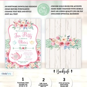 Pu&ograve; includere: Un invito a un tea party con un design floreale. L'invito presenta una cornice rosa con testo, accenti floreali e tazze da t&egrave;. Il retro dell'invito presenta una composizione floreale su uno sfondo di legno bianco. Il testo include "Tea Party" e "30&deg; compleanno di Olivia!"