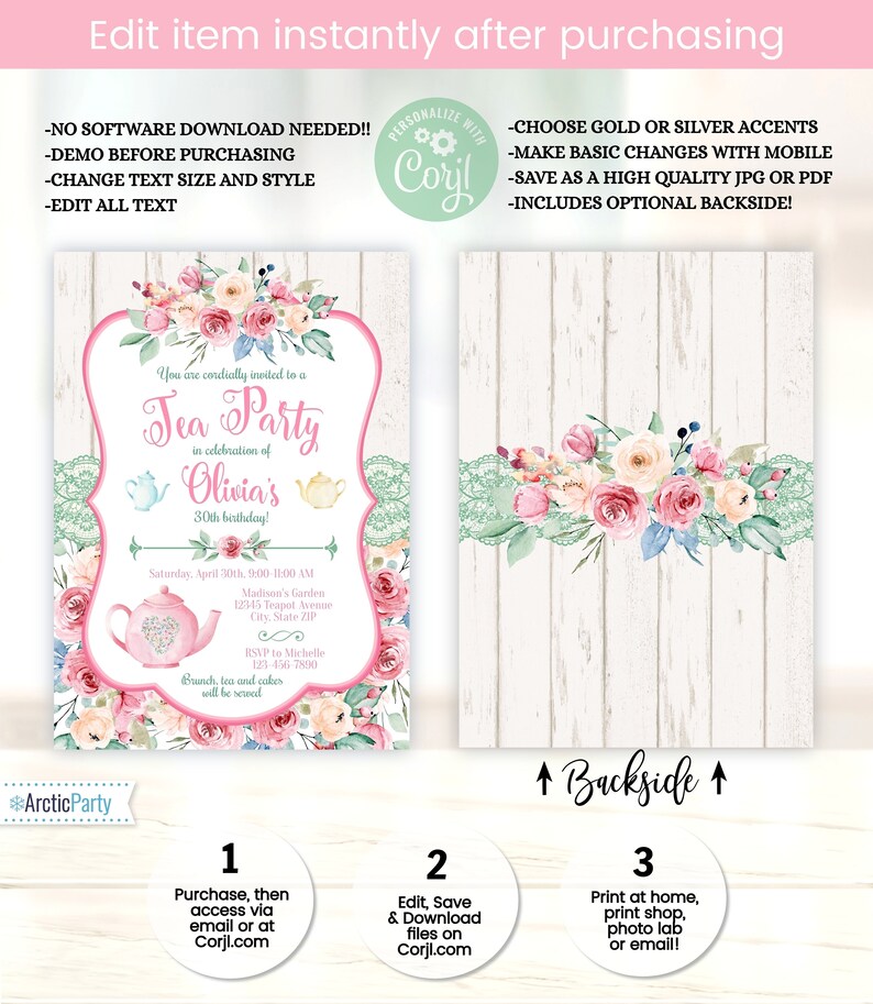 Pu&ograve; includere: Un invito a un tea party con un design floreale. L'invito presenta una cornice rosa con testo, accenti floreali e tazze da t&egrave;. Il retro dell'invito presenta una composizione floreale su uno sfondo di legno bianco. Il testo include "Tea Party" e "30&deg; compleanno di Olivia!"
