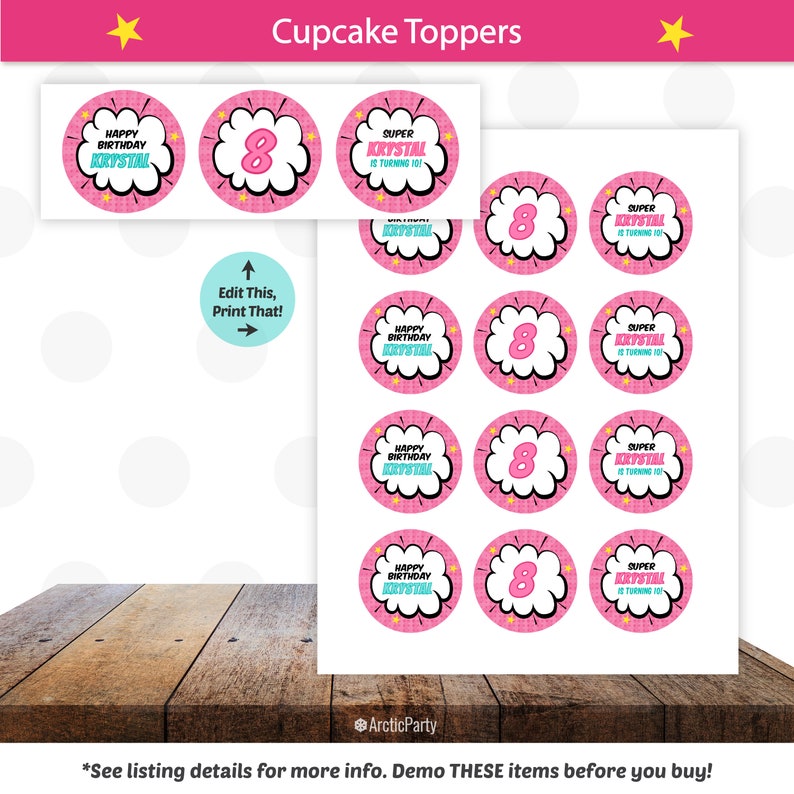 May include: Pink and white cupcake toppers with a comic book theme. The toppers feature the text "Happy Birthday Krystal" and "Super Krystal is turning 8".