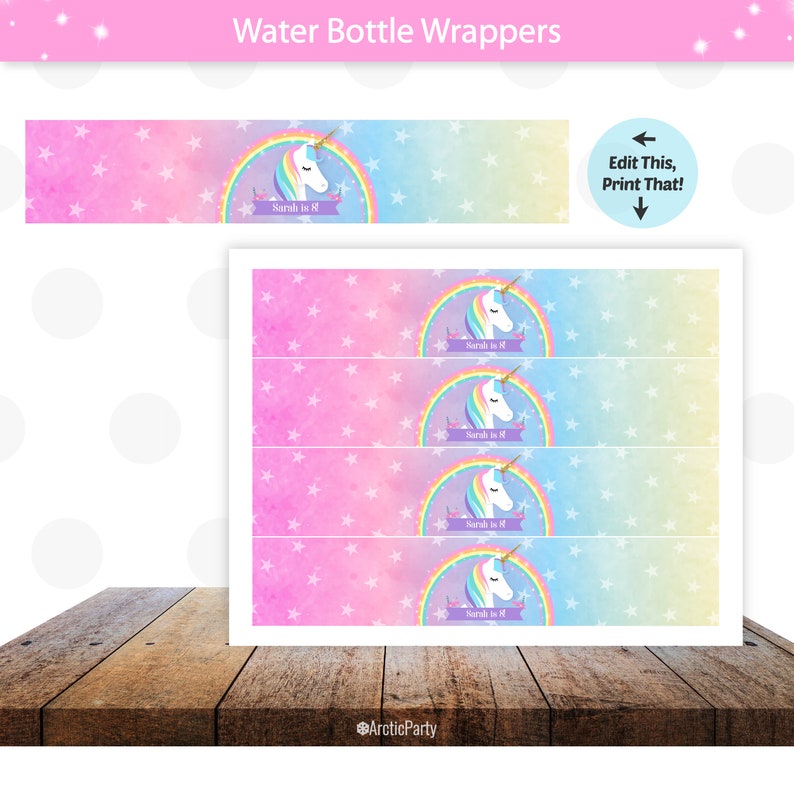 May include: Four printable water bottle labels featuring a unicorn with a rainbow and stars on a pink and blue watercolor background. The text on the label reads "Sarah is 8".