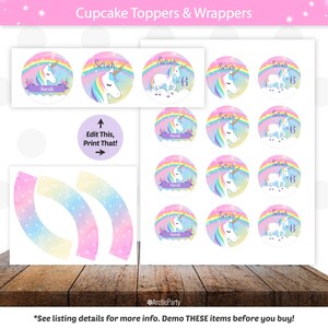 May include: Printable cupcake toppers and wrappers featuring a unicorn with a rainbow and stars. The toppers have the name "Sarah" and the number "6" on them. The wrappers are pink, blue, and yellow with stars.