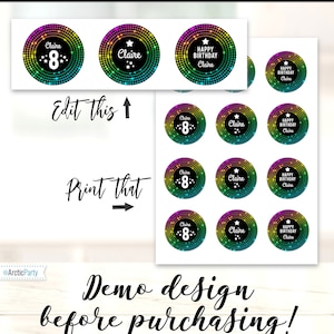 May include: Printable cupcake toppers or stickers with a rainbow disco ball design. The text on the toppers says "Happy Birthday Claire" and "Claire 8".