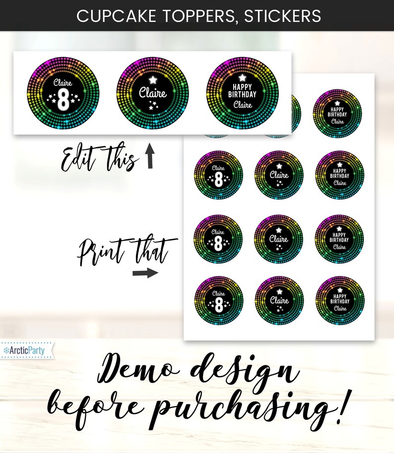 May include: Printable cupcake toppers or stickers with a rainbow disco ball design. The text on the toppers says "Happy Birthday Claire" and "Claire 8".