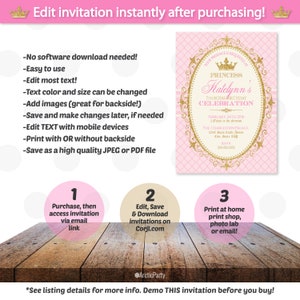 May include: A pink and gold princess-themed invitation with the text "Edit invitation instantly after purchasing!". The invitation is for a 7th birthday celebration. Instructions are provided for editing, saving, and printing the invitation.