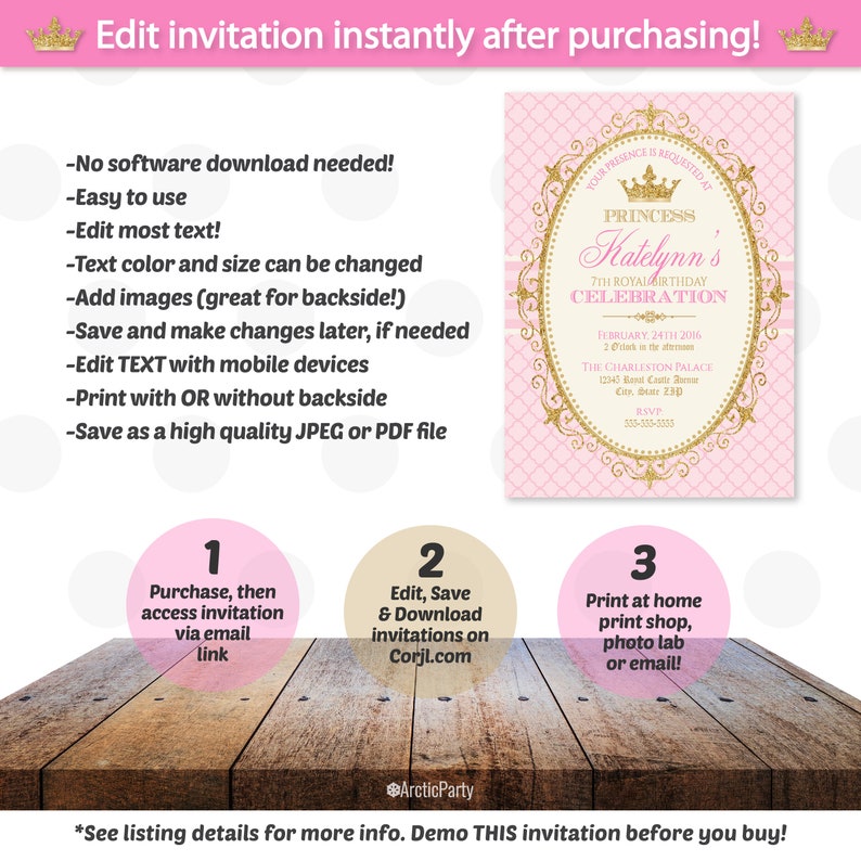 May include: A pink and gold princess-themed invitation with the text "Edit invitation instantly after purchasing!". The invitation is for a 7th birthday celebration. Instructions are provided for editing, saving, and printing the invitation.