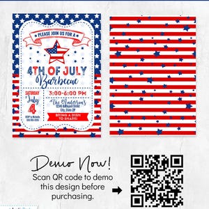 K&ouml;nnte beinhalten: Eine Einladungsvorlage f&uuml;r ein Barbecue am 4. Juli mit roten, wei&szlig;en und blauen Sternen und Streifen. Das Design enth&auml;lt Text wie 'Please join us for a 4th of July Barbecue', 'Demo Now!' und einen QR-Code zur sofortigen Bearbeitung des Designs.