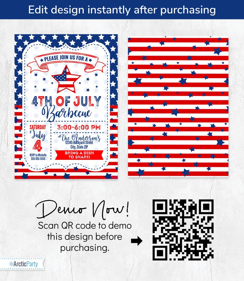 K&ouml;nnte beinhalten: Eine Einladungsvorlage f&uuml;r ein Barbecue am 4. Juli mit roten, wei&szlig;en und blauen Sternen und Streifen. Das Design enth&auml;lt Text wie 'Please join us for a 4th of July Barbecue', 'Demo Now!' und einen QR-Code zur sofortigen Bearbeitung des Designs.
