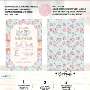 Puede incluir: Invitaci&oacute;n a un baby shower con dise&ntilde;o floral. La invitaci&oacute;n presenta un fondo azul claro con rosas rosas y un marco decorativo. El texto dice: "Est&aacute;s invitado/a a un Baby Shower en honor a Emily Smith."