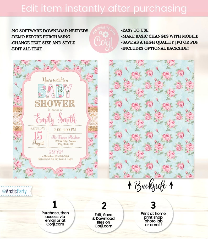 Puede incluir: Invitaci&oacute;n a un baby shower con dise&ntilde;o floral. La invitaci&oacute;n presenta un fondo azul claro con rosas rosas y un marco decorativo. El texto dice: "Est&aacute;s invitado/a a un Baby Shower en honor a Emily Smith."