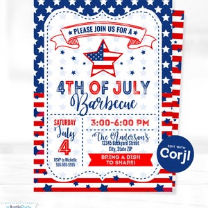 K&ouml;nnte beinhalten: Eine Einladungsvorlage f&uuml;r ein Barbecue am 4. Juli mit einem rot-wei&szlig;-blauen, sternenbesetzten Rand. Der Text lautet: Please join us for a 4th of July Barbecue, Saturday July 4, 3:00-6:00 PM, The Anderson's, 12345 Backyard Street, City, State ZIP, RSVP to Michelle 555-555-5555, Bring a dish to share!