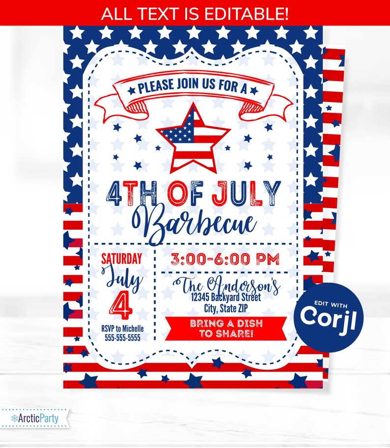 K&ouml;nnte beinhalten: Eine Einladungsvorlage f&uuml;r ein Barbecue am 4. Juli mit einem rot-wei&szlig;-blauen, sternenbesetzten Rand. Der Text lautet: Please join us for a 4th of July Barbecue, Saturday July 4, 3:00-6:00 PM, The Anderson's, 12345 Backyard Street, City, State ZIP, RSVP to Michelle 555-555-5555, Bring a dish to share!