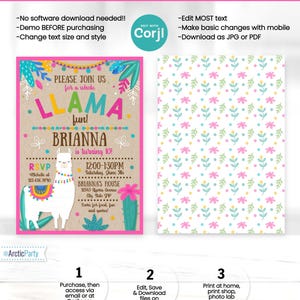 May include: A customizable llama-themed birthday party invitation with a pink border. The invitation features a llama illustration, the text "PLEASE JOIN US for a whole LLAMA fun!" and details for Brianna's 10th birthday. Includes instructions for editing and printing.