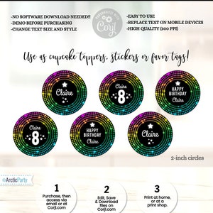 May include: Eight 2-inch round cupcake toppers, stickers or favor tags with a black background and a rainbow circle design. The text "Claire" and "Happy Birthday Claire" are featured on the toppers.