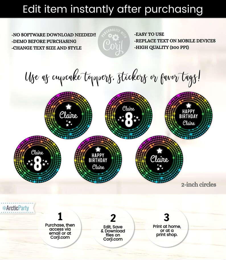 May include: Eight 2-inch round cupcake toppers, stickers or favor tags with a black background and a rainbow circle design. The text "Claire" and "Happy Birthday Claire" are featured on the toppers.