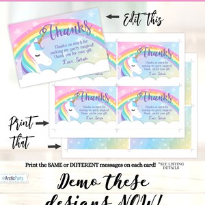 Puede incluir: Cuatro tarjetas de agradecimiento imprimibles con un dise&ntilde;o de arco&iacute;ris y unicornio. El texto en las tarjetas dice "&iexcl;Muchas gracias por hacer mi fiesta m&aacute;gica! Gracias por tu regalo. Con cari&ntilde;o, Sarah".
