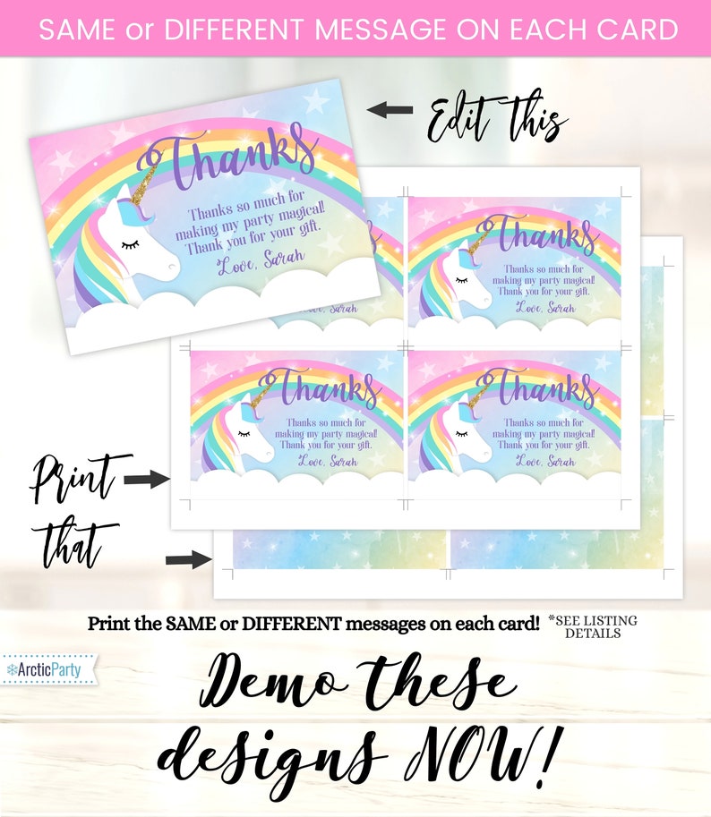Puede incluir: Cuatro tarjetas de agradecimiento imprimibles con un dise&ntilde;o de arco&iacute;ris y unicornio. El texto en las tarjetas dice "&iexcl;Muchas gracias por hacer mi fiesta m&aacute;gica! Gracias por tu regalo. Con cari&ntilde;o, Sarah".